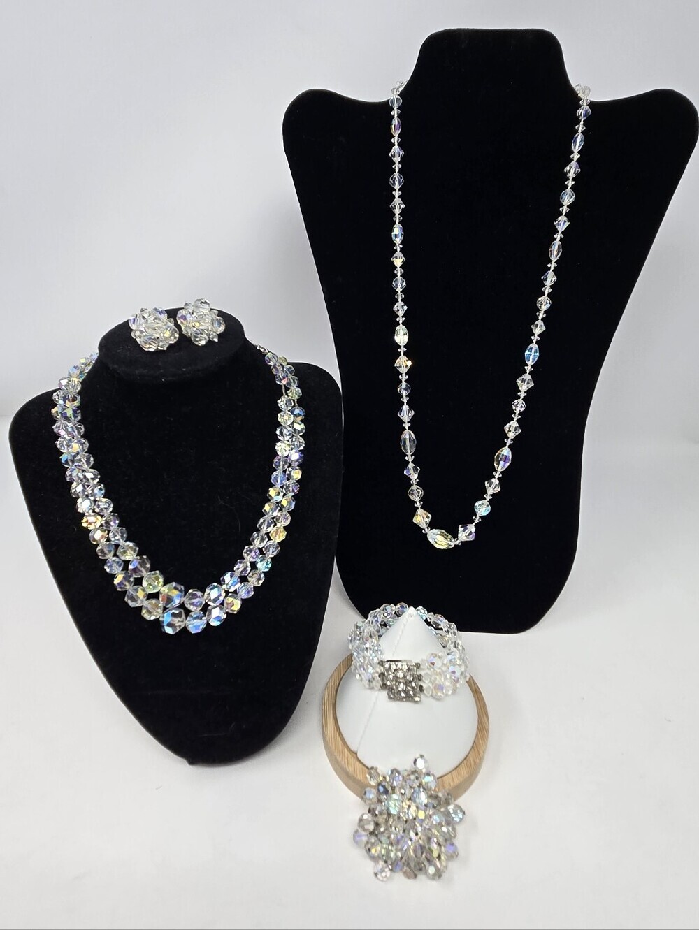 VINTAGE JEWELRY BUNDLE AB FACETED CLEAR CRYSTAL NECKLACE BRACELET EARRINGS WOMEN
